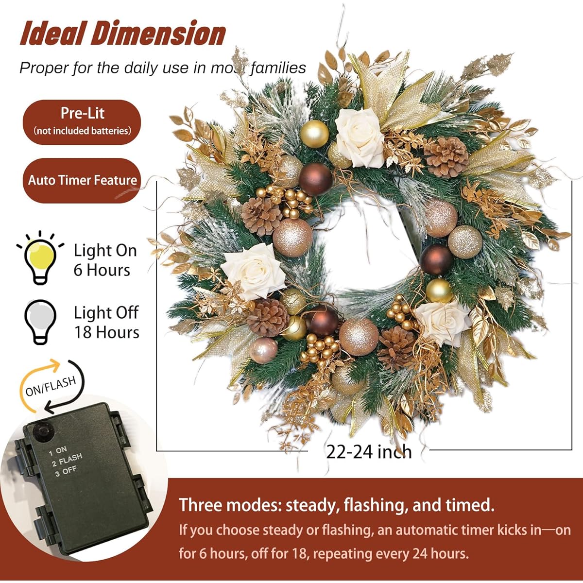 Soomeir Christmas Wreath with Lights, 24" Champagne Gold Door Wreath with Ball Ornaments, Battery Operated for Holiday Thanksgiving Fall Winter Decoration (Gold)