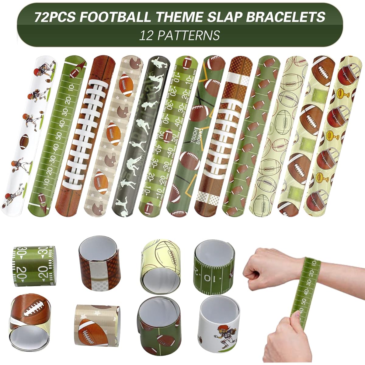 Hpscdyo 72pcs Football Slap Bracelets Wristbands Football Party Favors Football Birthday Rugby Match Party Supplies Kids Classroom Gifts Sports Theme Bracelets for Kids and Adults, 12 Patterns