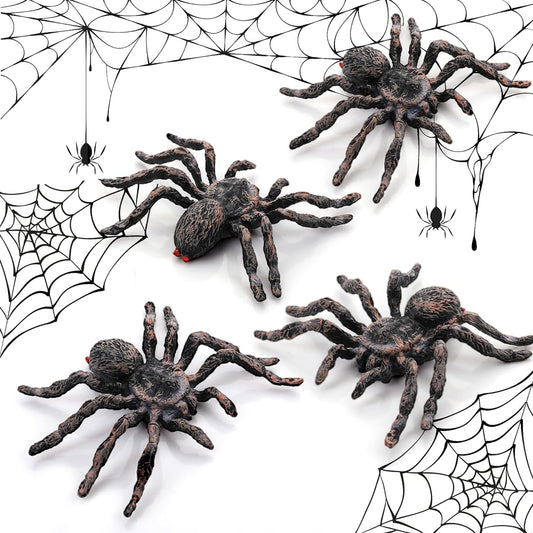 Amaxiu Halloween Prank Spider Figures, 4pcs Giant Realistic Spider Action Model Plastic Animal Fake Spider Toy Lifelike Scary Spider for Halloween Prank Props Pouch Haunted House Party Supplies