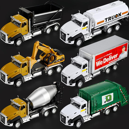 6 Pack Diecast Engineering Construction Transport Vehicles Trucks Toy Set 1:50 Scale Pull Back Metal Model Cars Garbage Truck Tanker Truck Delivery Truck Dump Truck Digger Truck Mixer Truck for Boys