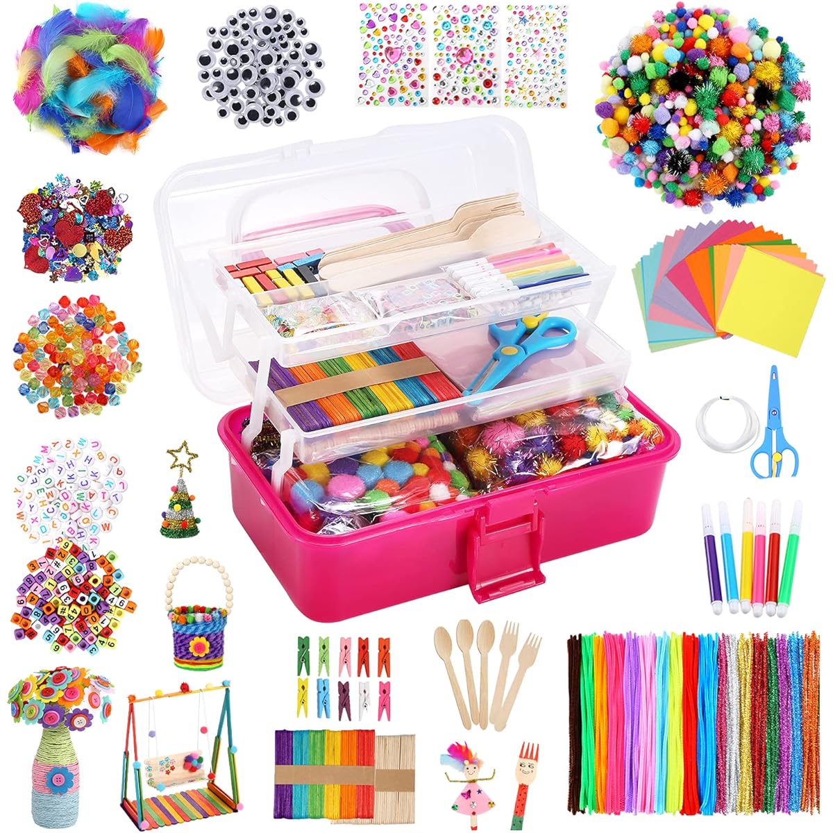 Caydo 2000 Pieces Kids Arts & Crafts Gifts Toddler DIY Craft Art Supply Set for 5-10 Years Old, Foldable Storage Box for School Projects Crafts DIY Art Various Materials