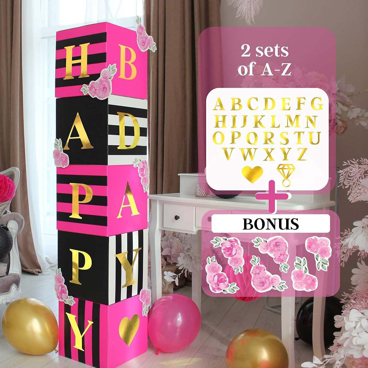 Hot Pink Party Decorations for Birthday, Bachelorette, Bridal or Baby Shower - 5 Box Blocks with 52 Letters (2 Sets of A-Z) Custom Name and 6 Flower Cutouts Hot Pink Rose Black White - Kate Spade Inspired