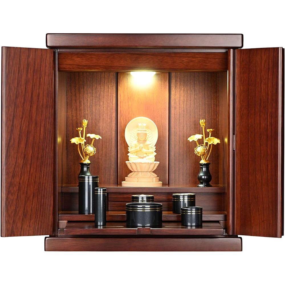 Oda Kobo Mini Buddhist Altar, Furniture Style, Made of Paulownia, with LED Lighting (Walnut Color, Size 14)