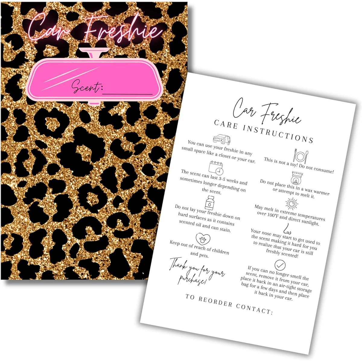 Car Freshie Insert Cards | 50 Pack 4 x 6 Inch Leopard Cheetah Western Fits 5x7 Inch Holographic Bags Fresh Scent Labels Care Instructions Card Stock