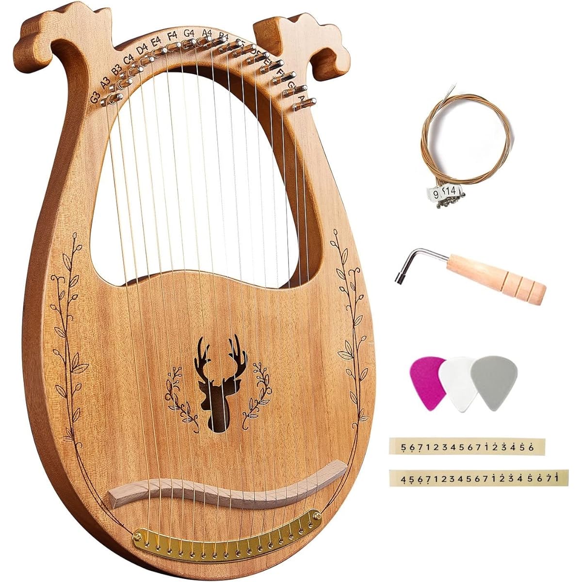 WowZza 19 String Wooden Lyra Harp Resonating Box Stringed Instrument with Tuning Wrench and Picks 3pcs Lyra Harp/3