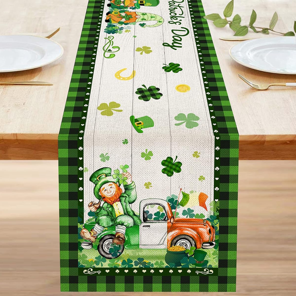 St. Patrick's Day Table Runner 108 Inch Happy St. Patrick's Day Shamrock Green Truck Hat Burlap Table Runner Leprechaun Gnome Holiday Extra Long Dresser Tablecloth Decor for Home Dining Room