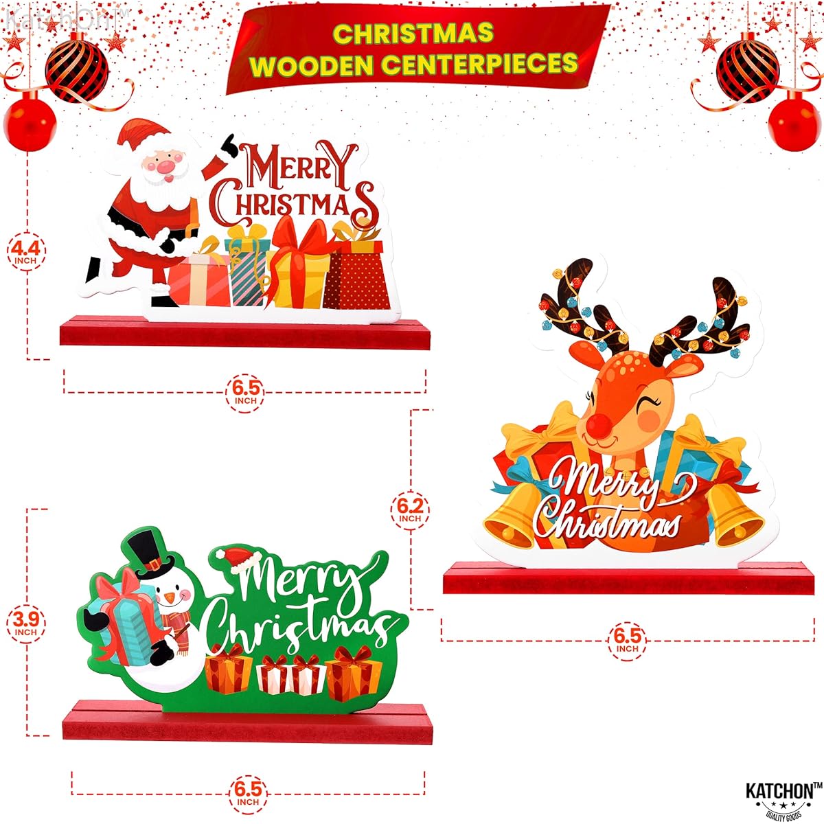 KatchOn Wooden Christmas Centerpieces Table Decorations - Pack of 3 | Christmas Table Decorations Centerpieces | Christmas Table Signs | Christmas Wooden Centerpieces for Christmas Party Decorations