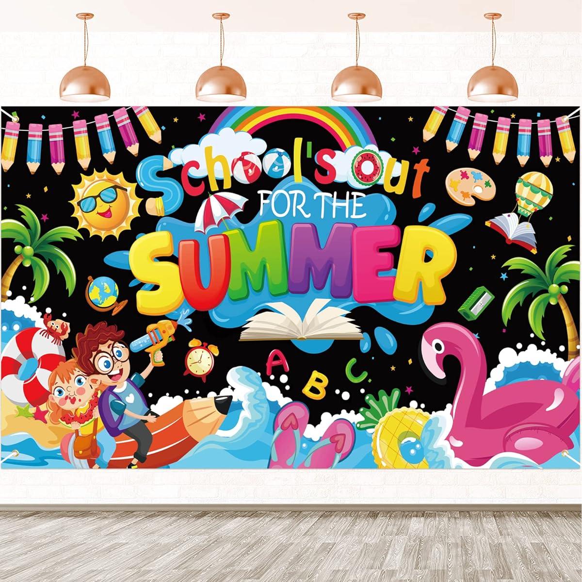 HOWAF School's Out for the Summer Banner,Large Fabric End of School Year Backdrop Banner for Preschool/Kindergarten/Graduation Party Supplies,Summer Vacation Pool Party Banner