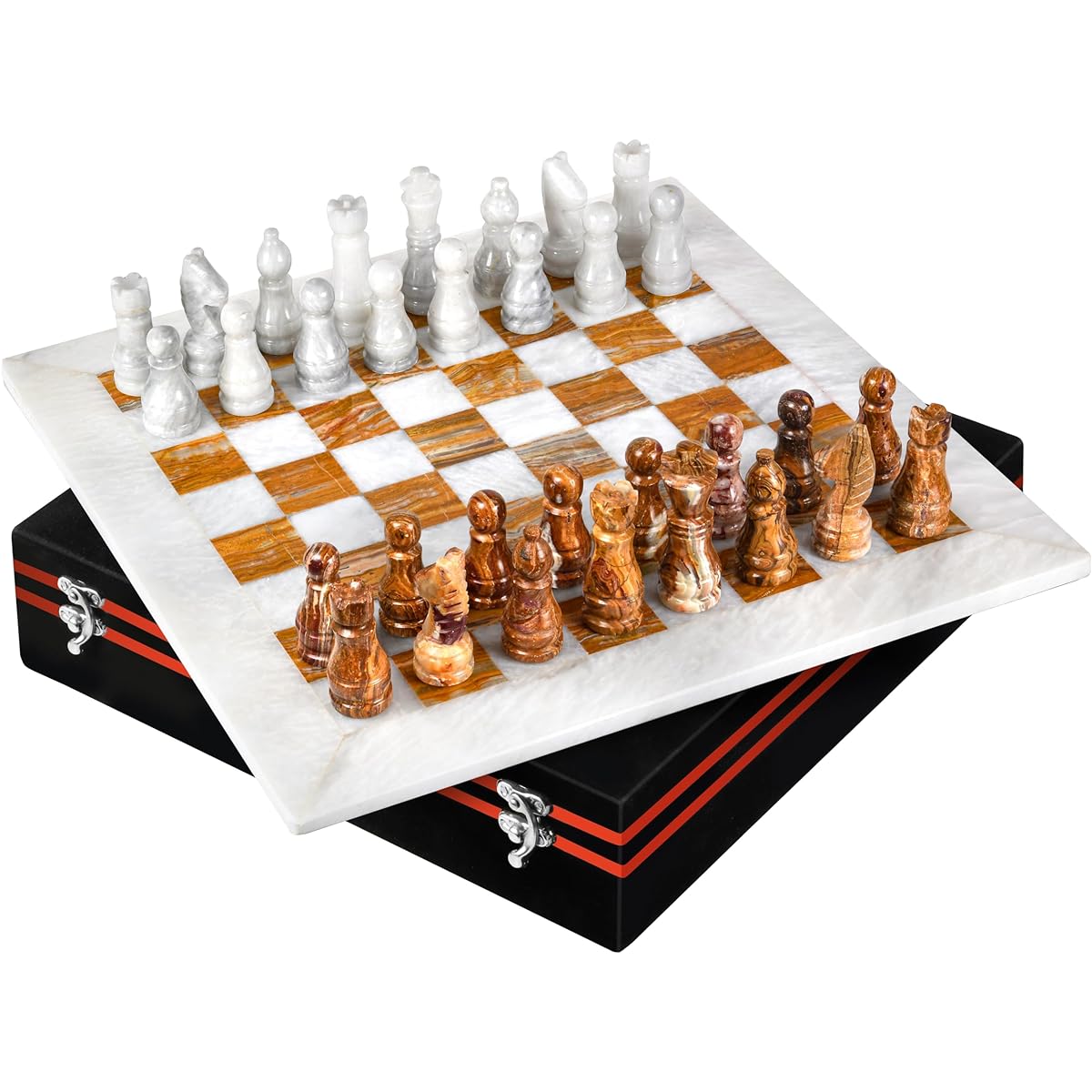 UMAID Handmade Marble Chess Set Board Game Luxury Velvet Gift Box 14 Inch White & Brown Elegant Onyx Marble Chess Board Unique Chess Set for Adults Modern Marble Home Decoration