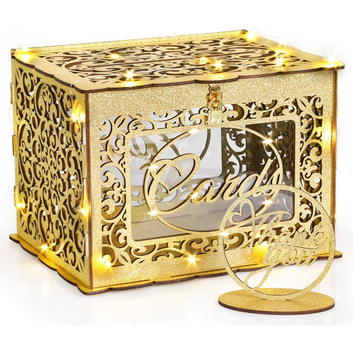Gold Wedding Card Box for Wedding Reception, Sparkly Wooden Card Box with Locking Remote, LED Fairy Lights, Money Box Holder, Reception, Rustic, Wedding Anniversary, Shower, Birthday Party, Graduation Decorations
