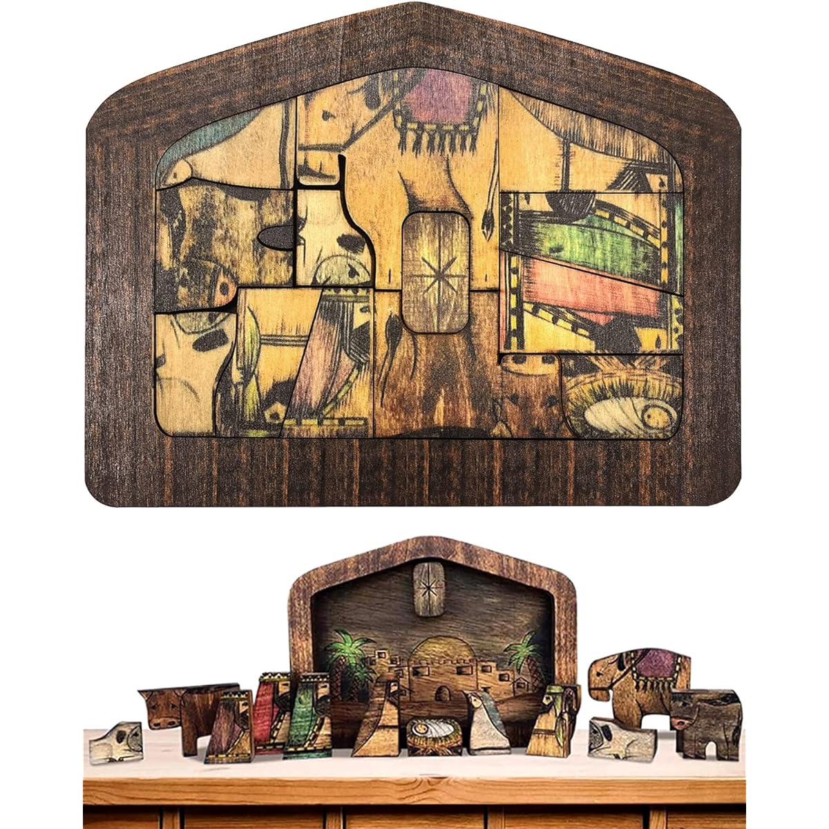 Large Wooden Jesus Puzzle Statue Nativity Puzzle Wood Burnt Design Nativity Set Home Education Wooden Puzzle Birthday Gift for Kids and Adults, Christmas Indoor