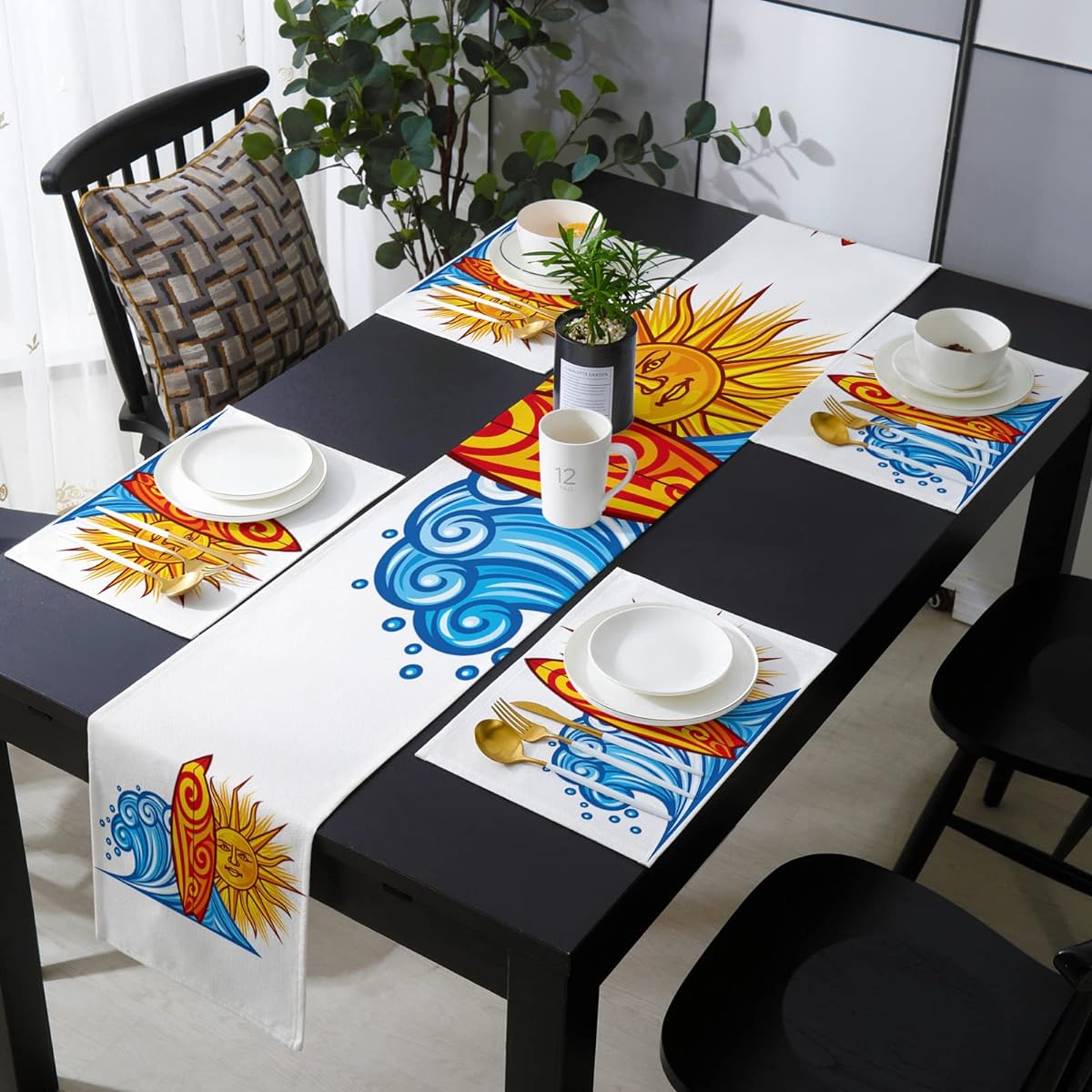 LaBLUUX Table Runner Placemats Set of 2 Cartoon Ocean Blue Waves Sun Orange Kayak Cotton Linen Table Mats with Matching Table Runner for Dining Table, Kitchen 70" x 13"