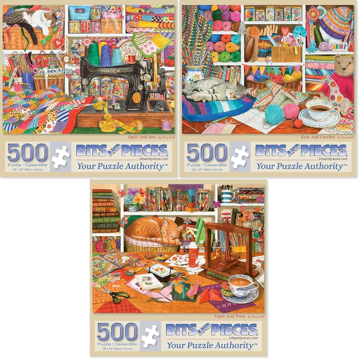 Tracy Hall Bits and Pieces - Value Set of 3 500 Piece Jigsaw Puzzles for Adults - 18" x 24" - Large PC Knitting Sewing Craft Jigsaw
