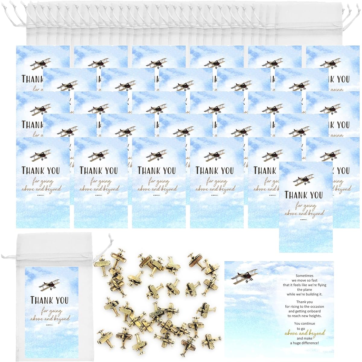 Smiling Wisdom - Bulk 30 - Business Employee Team Staff Appreciation Keepsake Mini Card Bag Airplane Theme Gift Set - You Go Over and Beyond - Gold