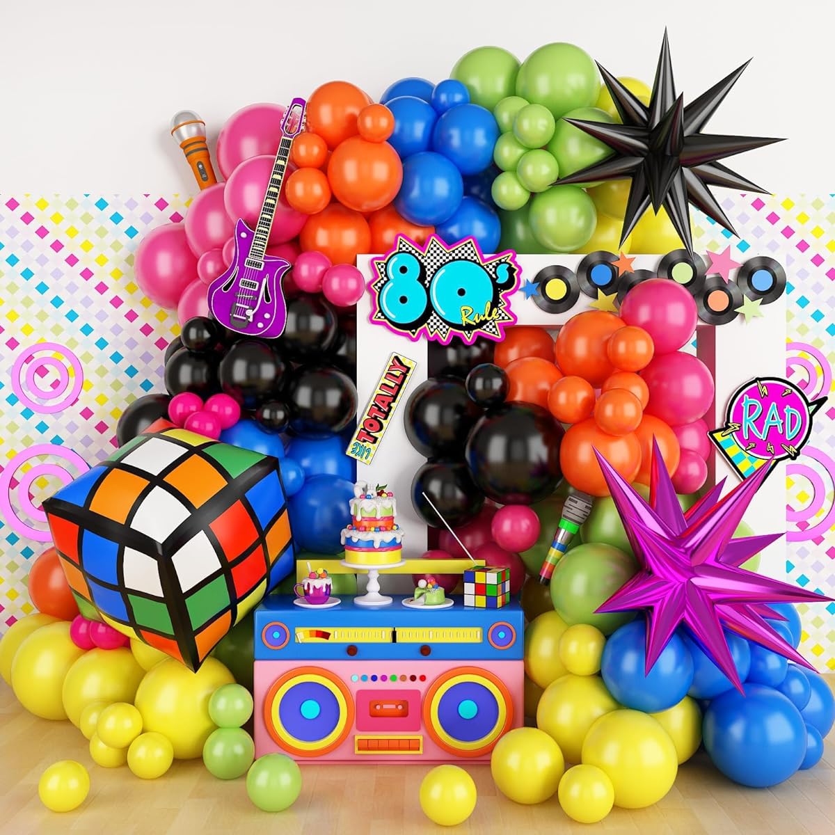 90s 80s Party Balloons Garland Arch Kit 103pcs 90s 80s Theme Party Decorations with 4D Dice Hot Pink Black Star Foil Balloons for 80s/90s Retro Theme Hip Hop Fever Nostalgic Birthday Party Decorations