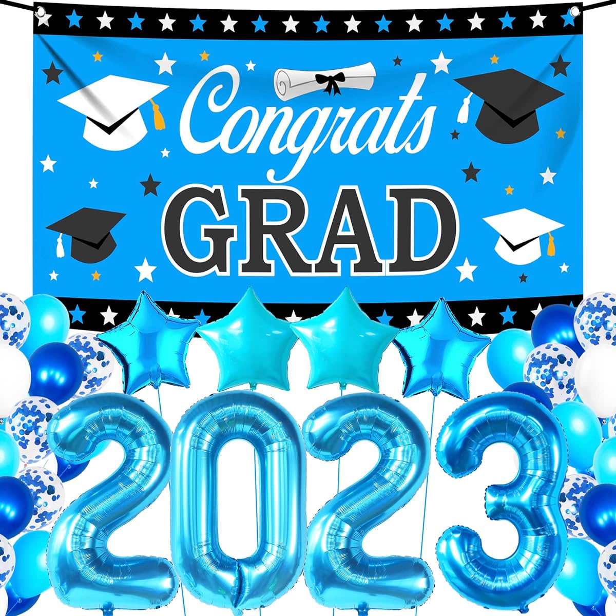 Blue and Black Graduation Decorations 2022 - 42 Pack | Graduation Banner 2022 for Graduation Party Decorations | Blue 2022 Balloons Star, Numbers with Latex Balloons | Class of 2022 Decorations