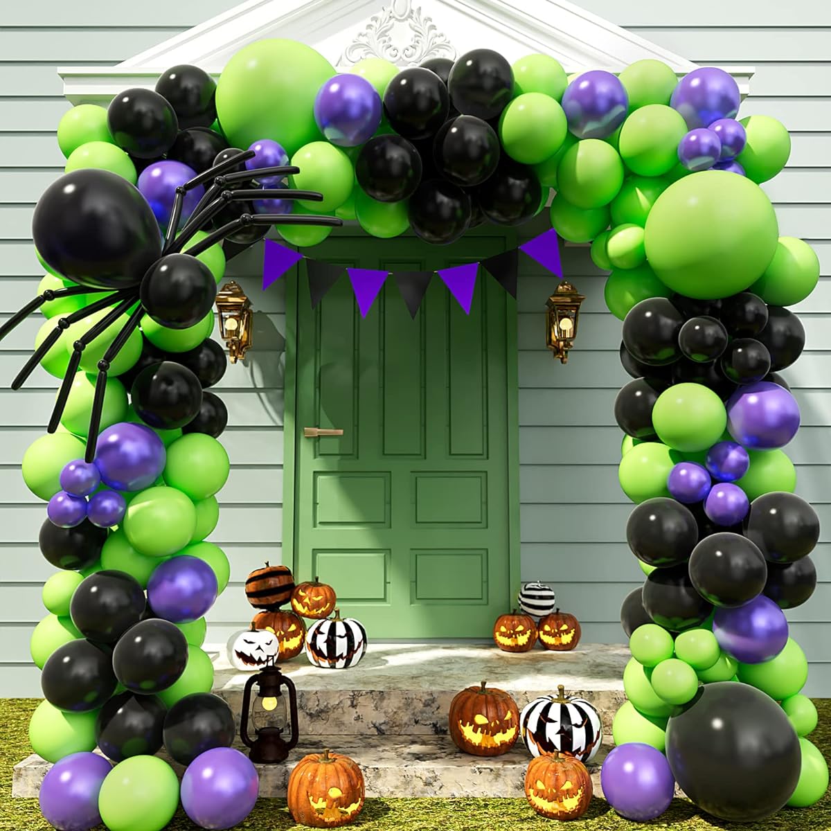 Halloween Balloon Garland Arch Kit Black Green Metallic Purple Balloons Spider Balloons Halloween Theme Party Backdrop Classroom Decorations Party Supplies