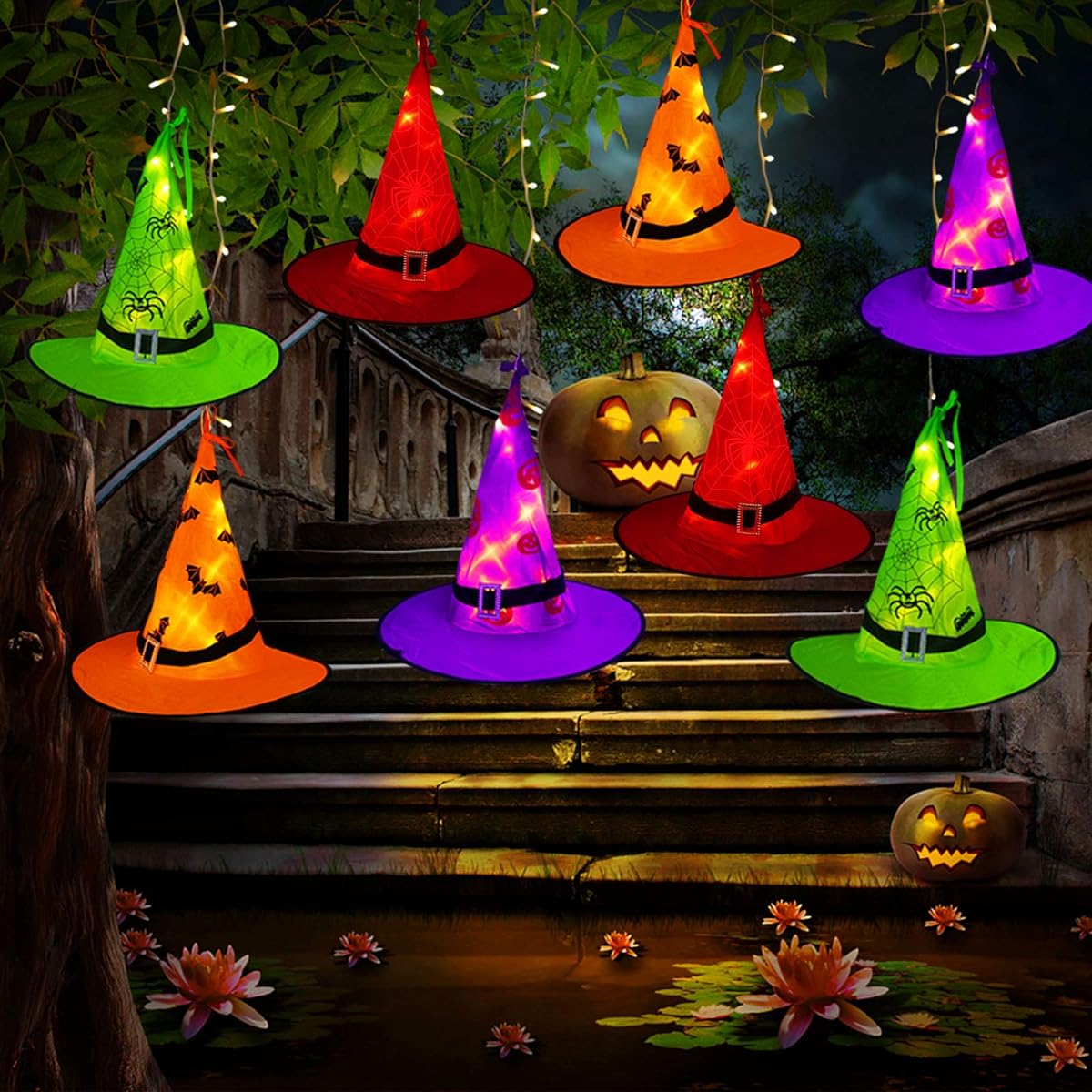 Tcamp Halloween Decorations Witch Hat Lights with Outdoor Lights, 8pcs Glowing Witch Hats 40ft 104LED Halloween Light String for Indoor/Outdoor/Garden/Tree Decor (8 Lighting Modes