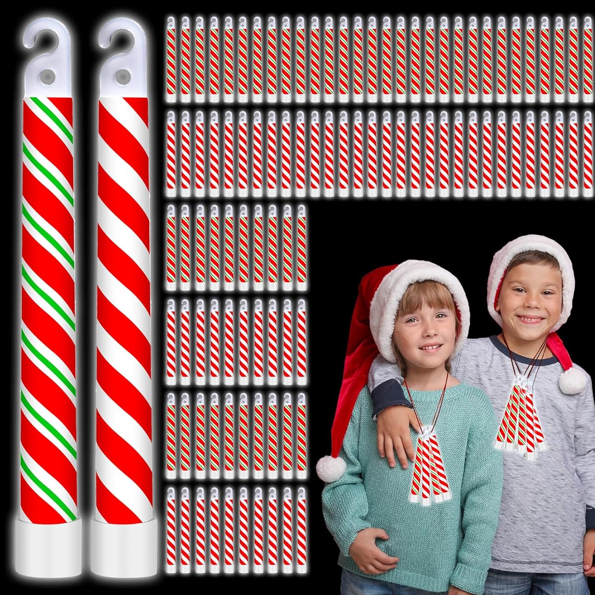 Wettarn Christmas Glow Sticks, 6" Glow Sticks Bulk Striped Glow in the Dark Sticks with Bright Red Straps, Lollipop Glow Sticks for Christmas Party Favors Kids Camping Birthday Parties