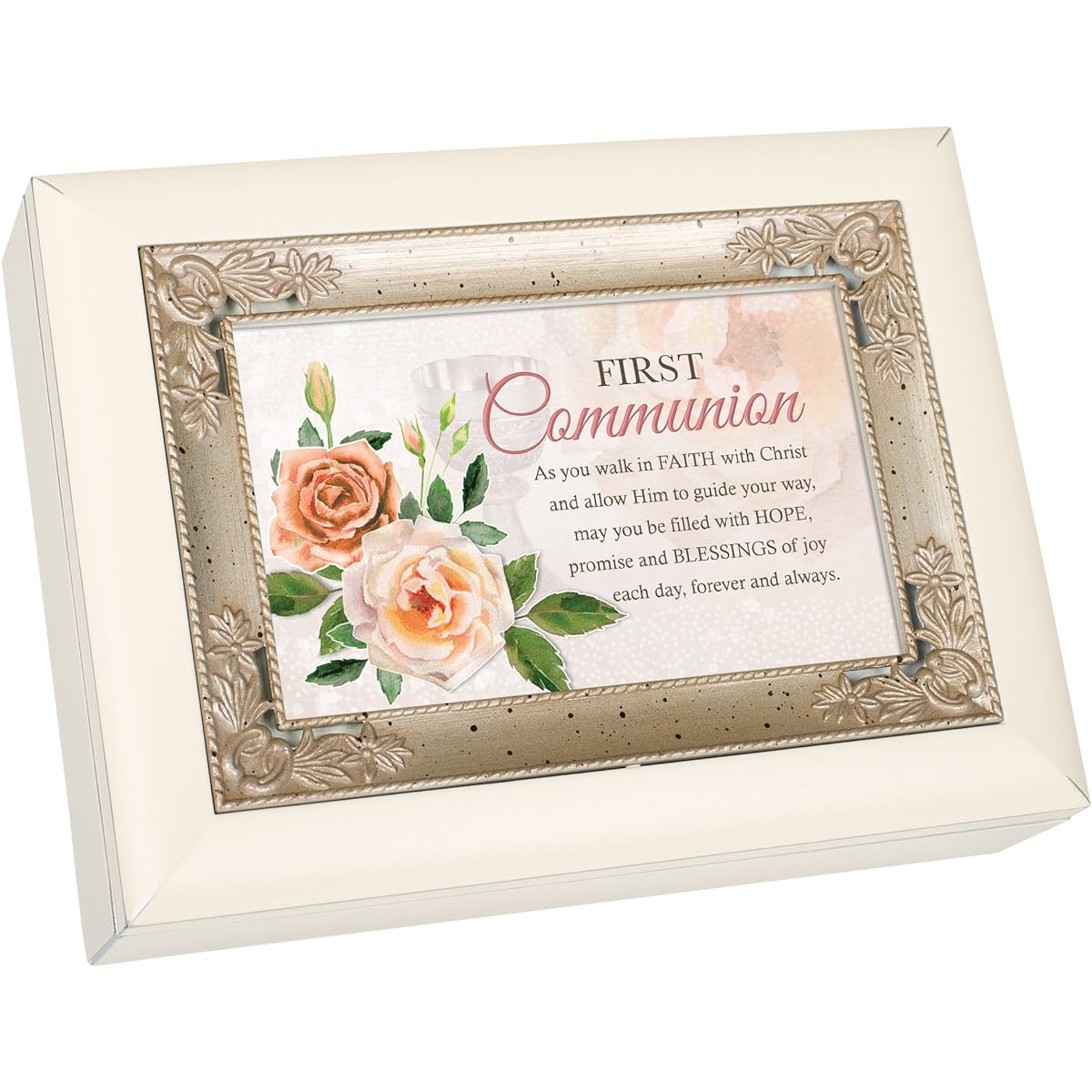 First Communion Walk in Faith Italian Style Ornate Border Souvenir Music Box Plays Ave Maria