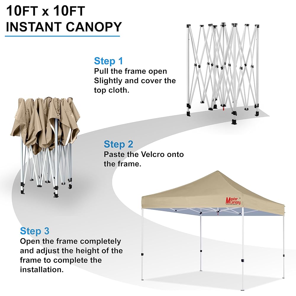 MASTERCANOPY Tarp Tent One-Touch 3M Commercial Outdoor 3 Level Adjustment Steel Frame Water Resistant UV Protection (Caster Bag Peg Rope Weight Bag Included) (Beige)
