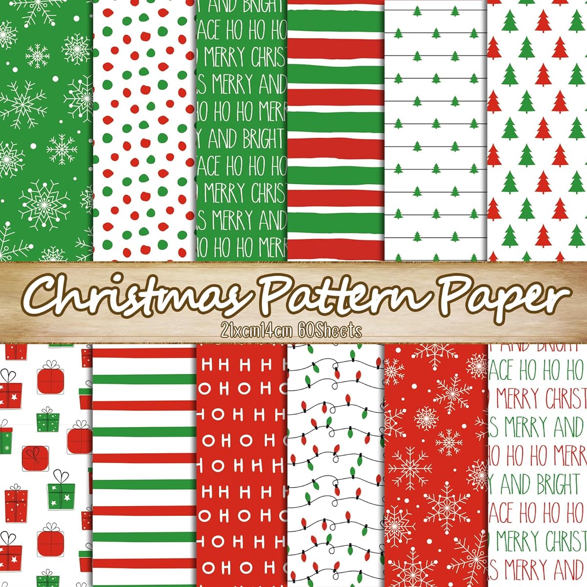 Whaline 60 Sheets Merry Christmas Pattern Paper HOHOHO Scrapbook Specialty Paper Christmas Tree Snowflake Decorative Craft Paper for DIY Card Making Photo Album Journal Decoration 5.5 x 8.3 Inch