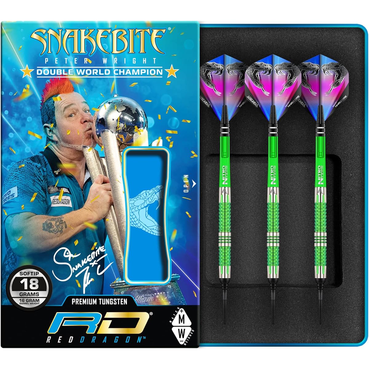 Red Dragon Peter Wright Snakebite Mamba 2 Soft-Tip - 18 Gram - Tungsten Steel Darts with Flights and Shafts