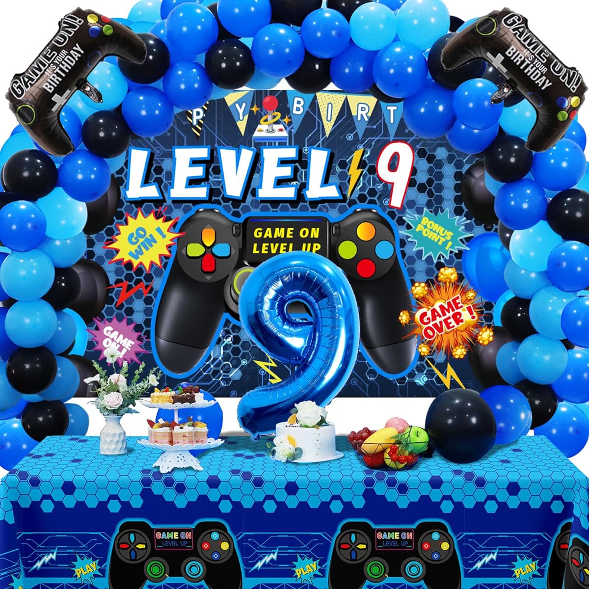 Vlipoeasn 90 Pieces 9th Birthday Video Game Party Decorations Set for Boys Blue 9th Birthday Supplies 9 Year Old Video Game Background Balloons Tablecloth Gamer 9 Pieces Foil Balloons for 9th Birthday Party