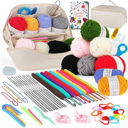 Coopay Crochet Kit for Kids Beginners Adults 62 Pieces Travel Crochet Starter Kit Crochet Set with Crochet Hook, Yarn Ball, Crochet Book, Portable Crochet Case, Full Knit & Crochet Supplies (White)