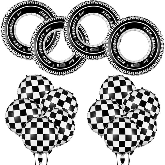 14pcs Car Decorations Racing Car Birthday Party Supplies with 4 Tire Tubes, Floats for Pool, 10 Balloons, 18" Race Car Balloons for Birthday Car Theme Party (Checkered Style)