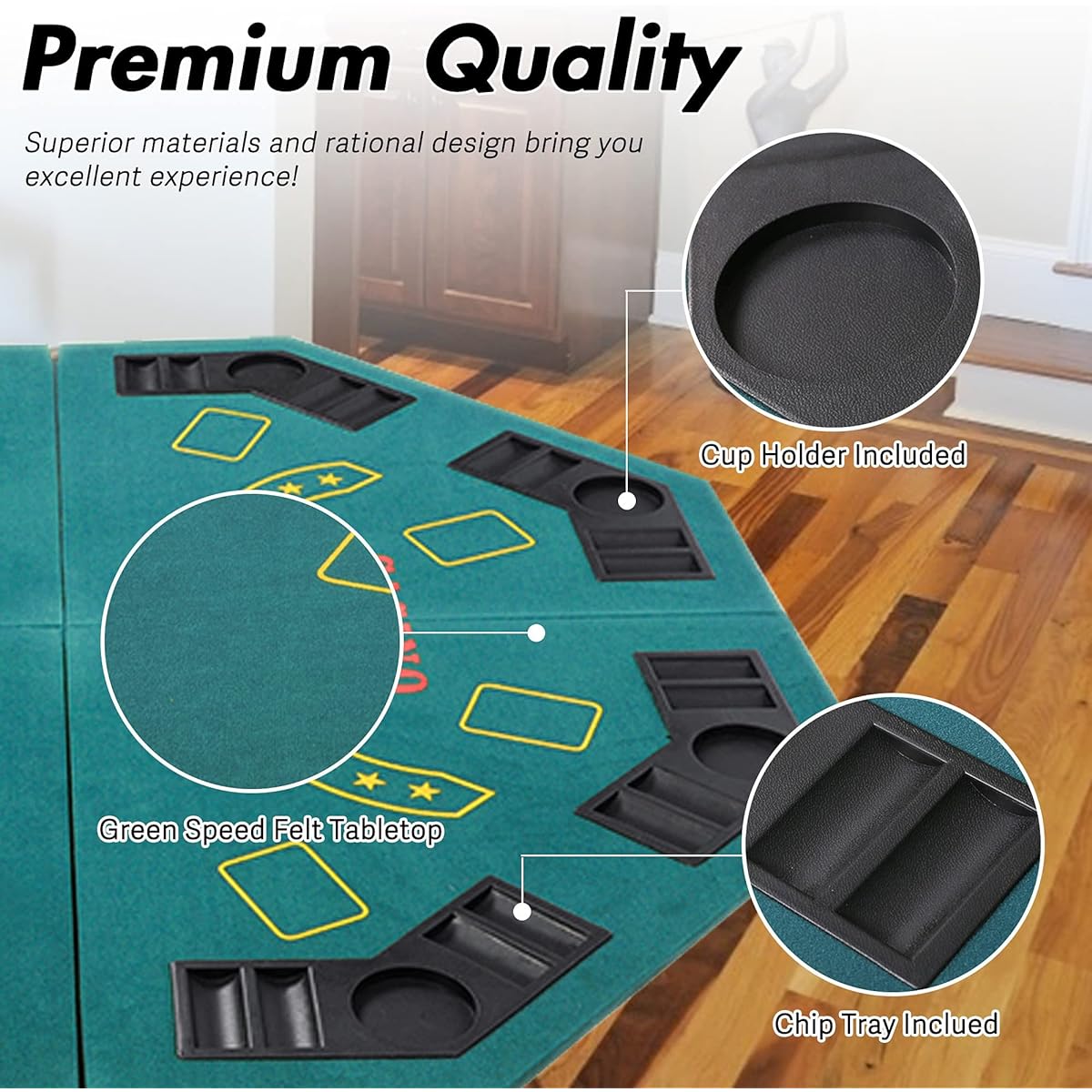 48" Foldable Poker Table Card Topper, Portable 8-Piece Poker Tabletop Mat with Cup Holder and Carry Bag, Texas Hold 'Em Foam Poker Tabletop Layout for Blackjack Board Game, Green Speed Felt