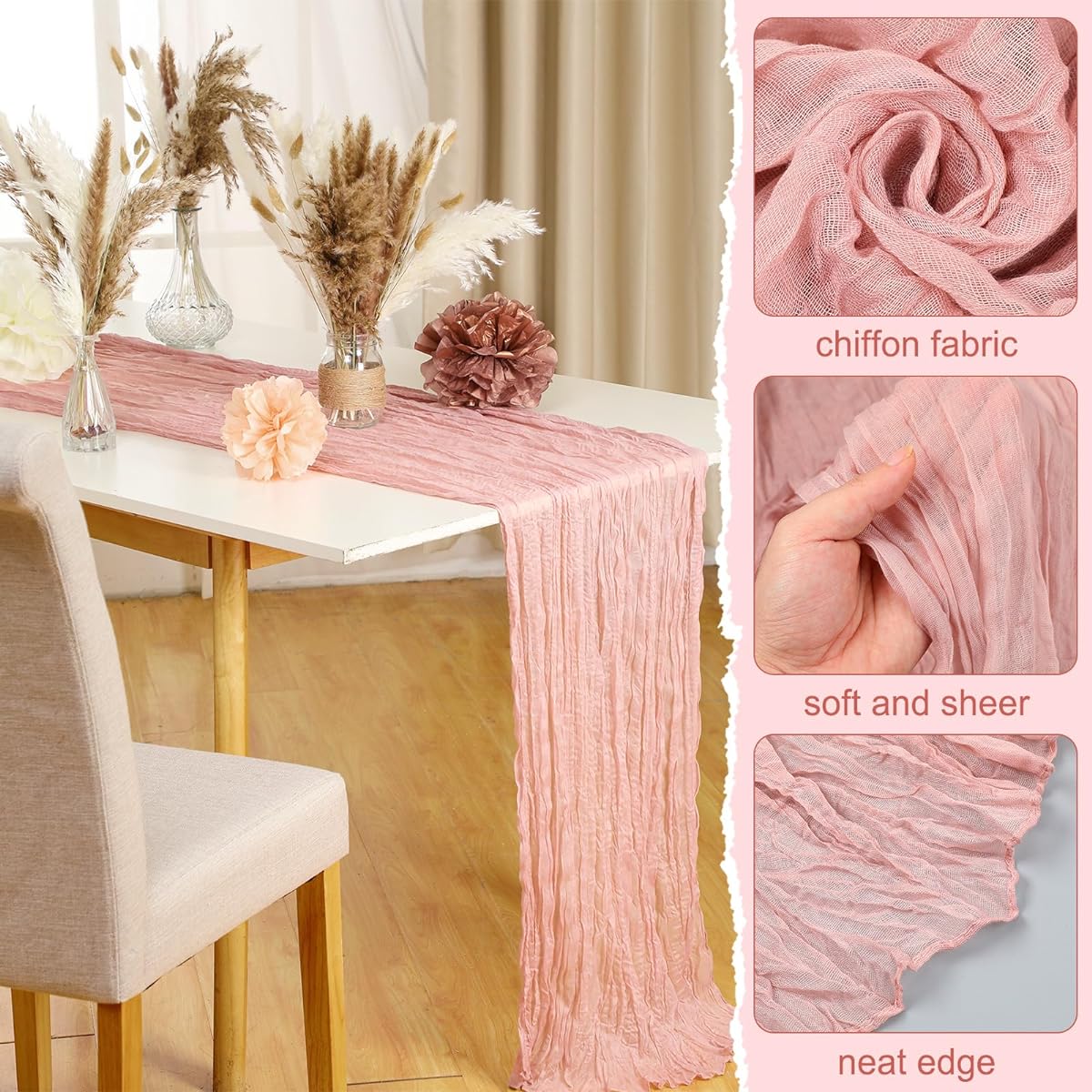 XunYee Boho Table Decorations Set, 131pcs Dried Pampas Grass Bouquet, Tissue Paper Pom Poms, Dusty Pink Cheesecloth Table Runner for Rustic Farmhouse Party, Wedding, Baby Shower, Bridal Shower