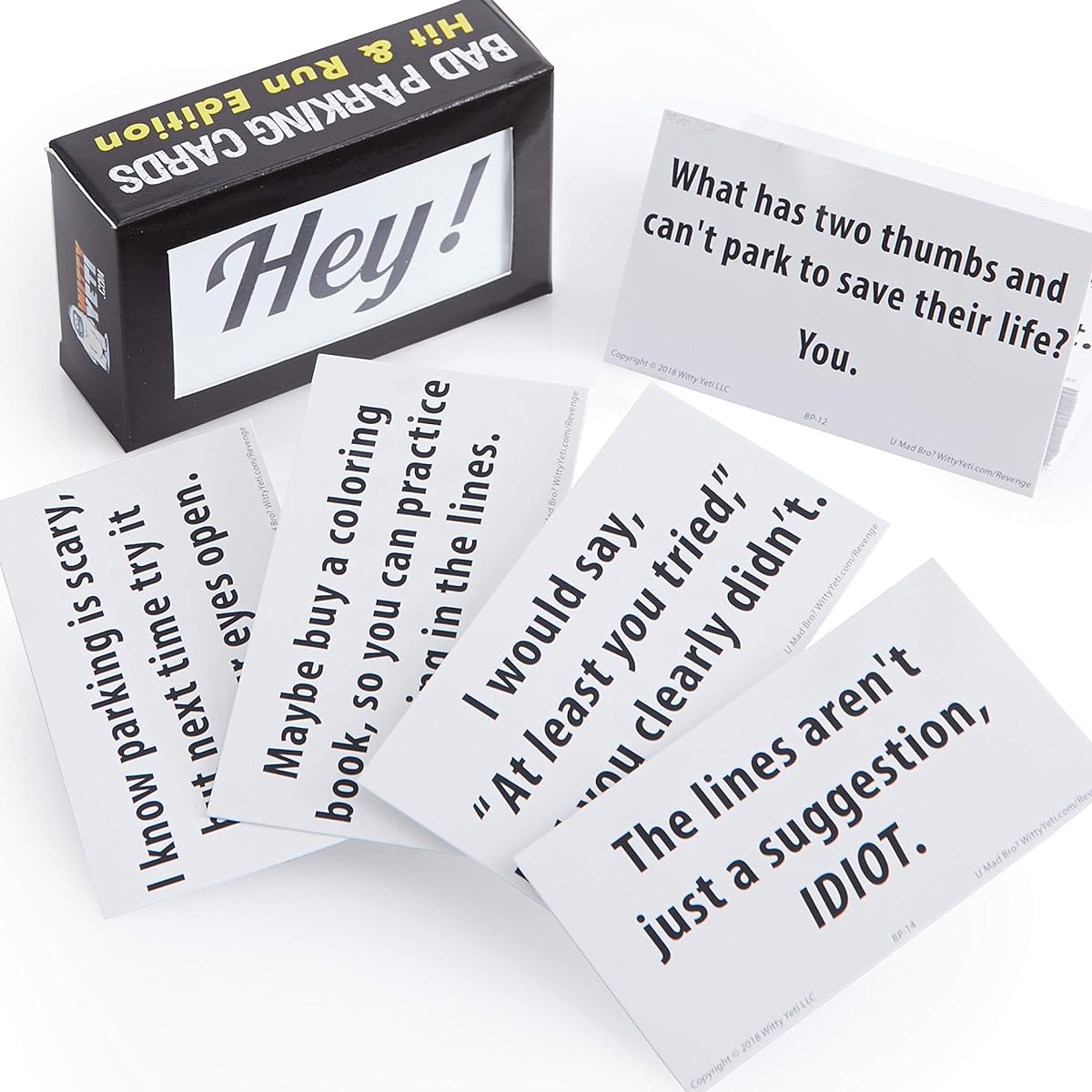 Super Funny, Bad Parking Cards 50 Pack Get revenge with these family friendly novelty notes. Feel the satisfaction of being an idiot hoodie with these funny announcements. Gag cards make great Christmas stocking stuffers.