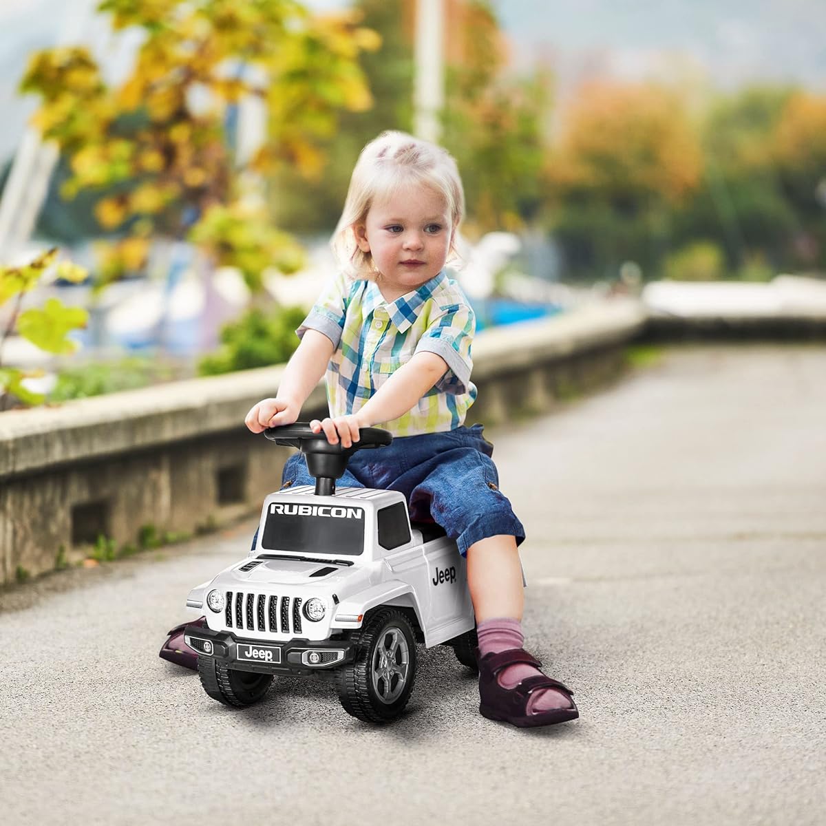 Aosom Kids Ride-On Push Car with Engine Sound & Under Seat Storage, Ride from Legs to Floor, Horns, Sit and Run Toy, Ages 1.5-3 Years White