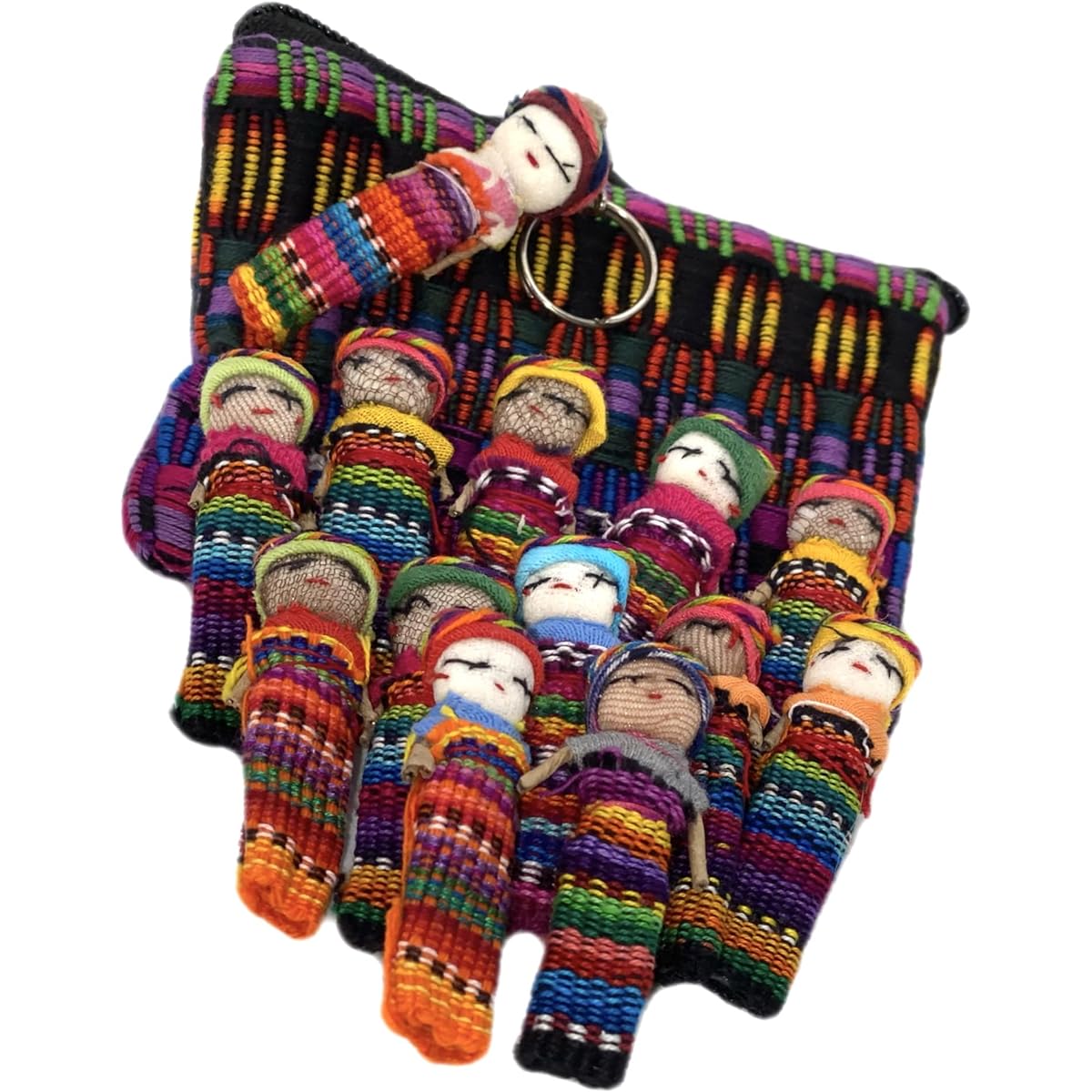 Guatemala Worry Doll Set of 12 - 5.5 x 1cm Traditional Trouble Dolls with Cute Storage Bag and Extra Keychain Doll - Fun and Vibrant Colors - Woven Small Dolls for Adults (14 Piece Set)