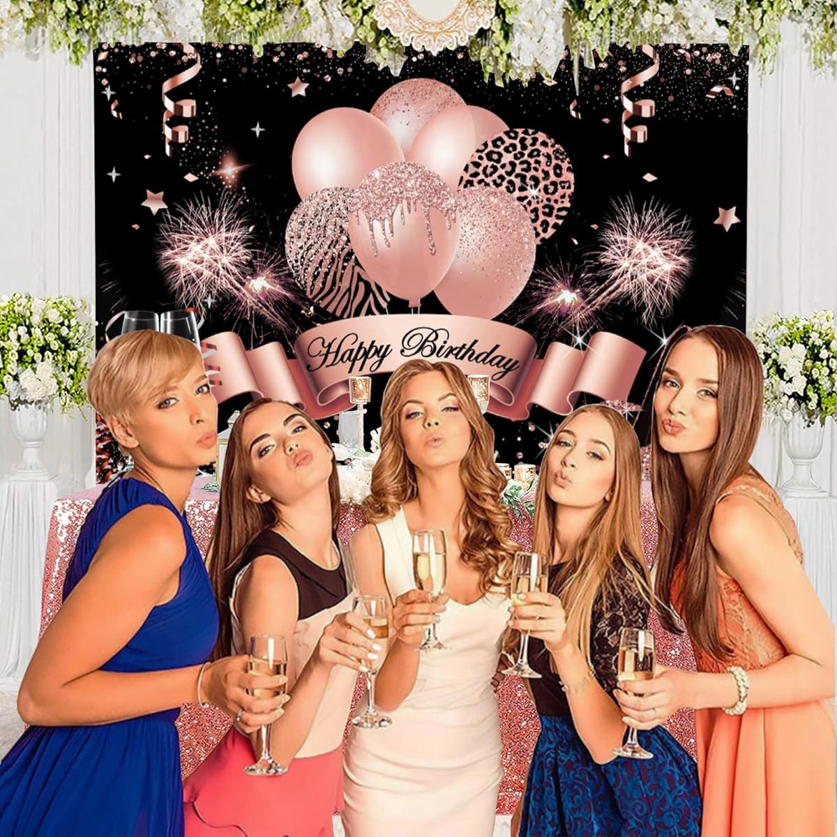 InMemory Rose Gold Birthday Backdrop for Women Girls Happy Birthday Photo Background with Glitter Balloons Champagne Heels Black Gold Sequins Dot Decorations Sweet Birthday Party Photo Booth Banner 7x5ft