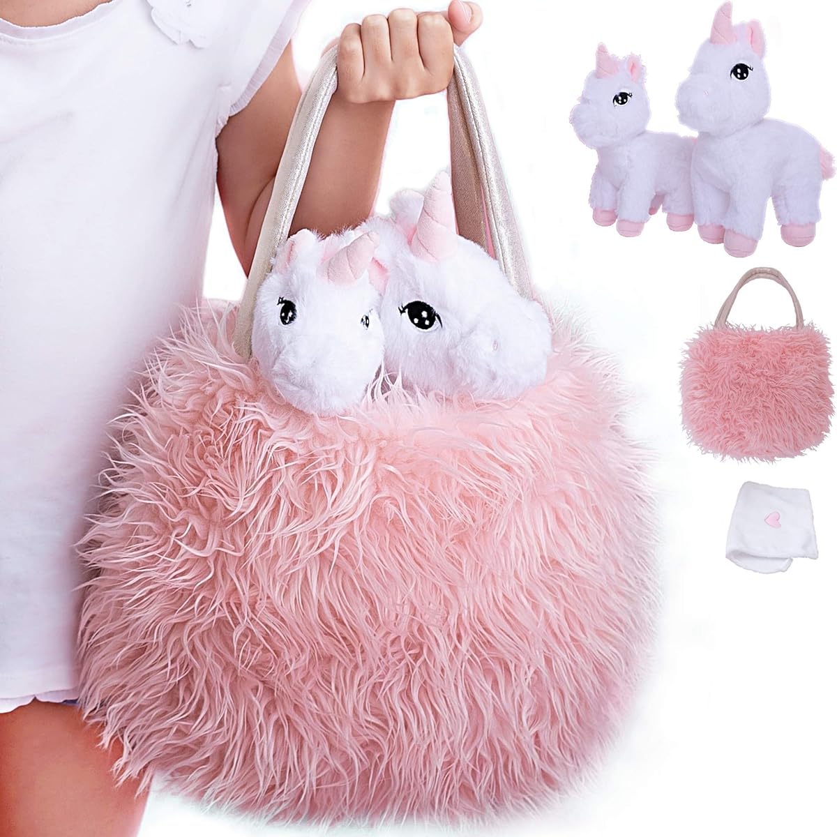 Perfectto Design Unicorn Toys for Girls Ages 3-10. 4 Piece Set - Mommy and Baby Stuffed Animal, Bag and Doll Blanket. Unicorn Gifts for 3-8 Year Olds Birthday and Christmas