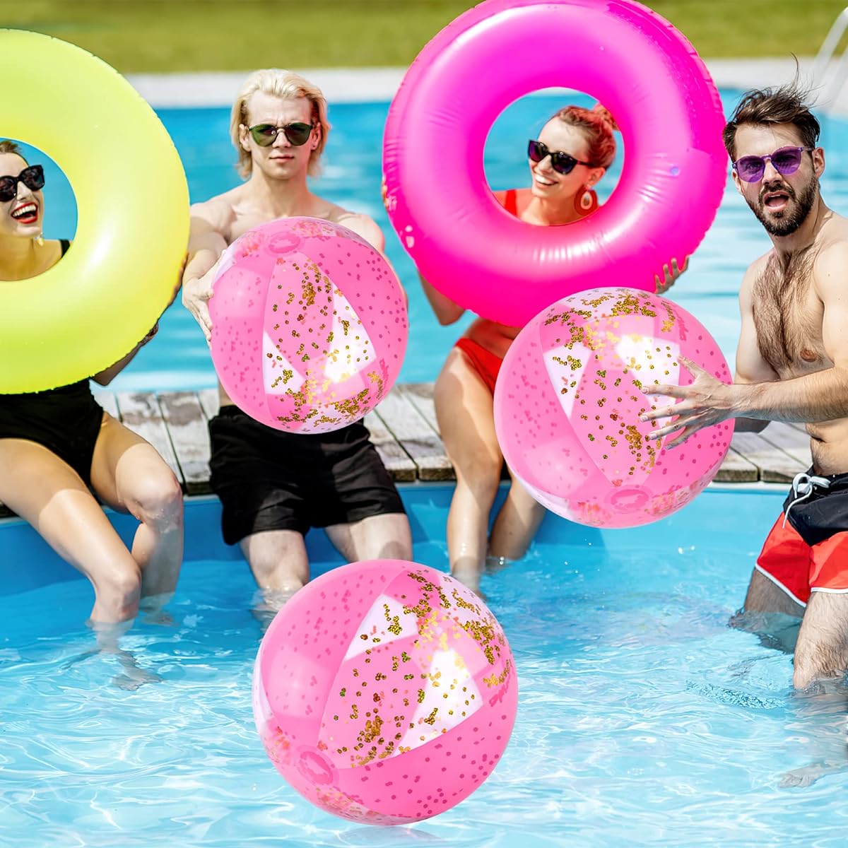 POPLAY 3pcs 16" Inflatable Beach Balls Glitter Beach Balls Pool Toys with Confetti Sparkling Balls for Kids Toddlers Adults Summer Pool Party