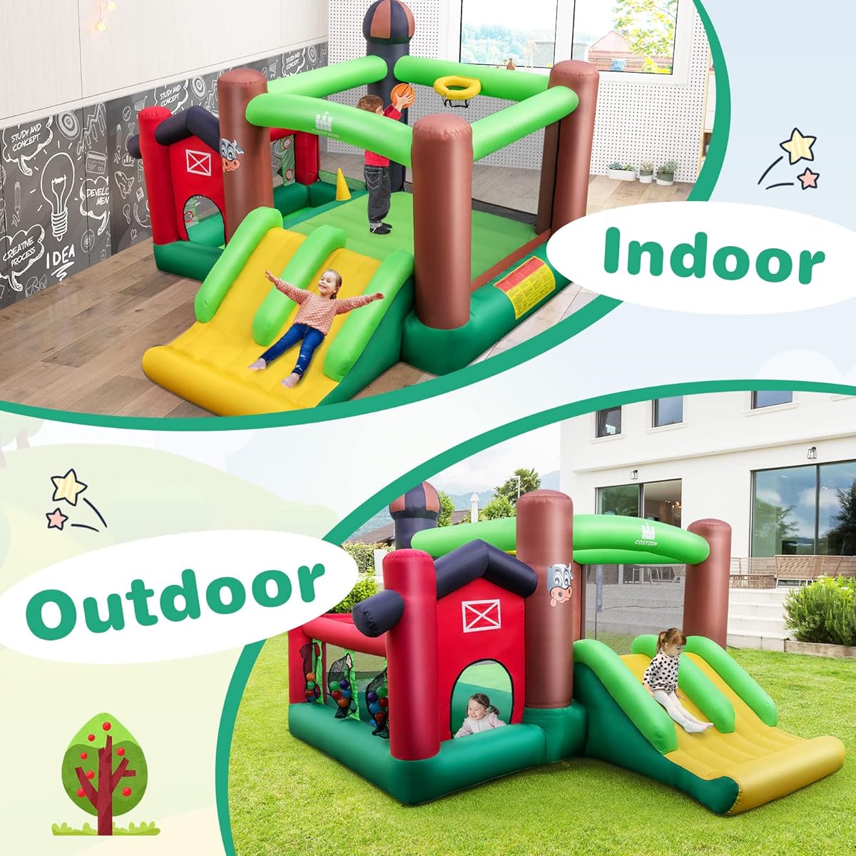 BOUNTECH Inflatable Bounce House with Dual Slides and Ball Pit for Kids Indoor/Outdoor/Backyard/Party/Farm Theme Toddler Jumper Bouncy Castle Boys Girls Birthday Gift
