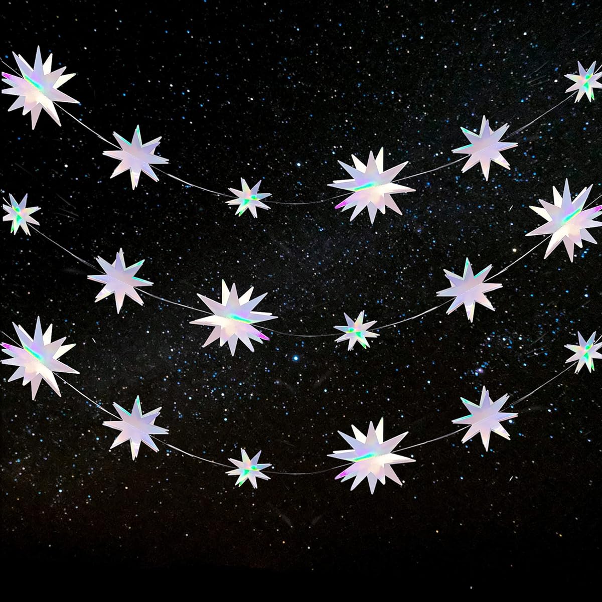 UNIIDECO 3D Star Disco Iridescent Silver Party Decoration Garland Groovy Dance Euphoria Prom Party Twinkle Star Decoration Rainbow Ceiling Hanging Bachelorette Graduation Supplies
