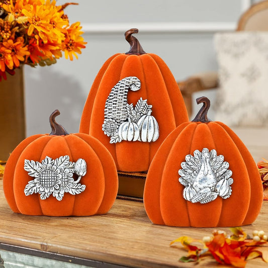 ALLADINBOX Thanksgiving Artificial Pumpkin Home Decoration Gift Set Autumn Resin Pumpkin Centerpiece Metal Turkey Exquisite Craftsmanship Design Thanksgiving Harvest Table Decoration