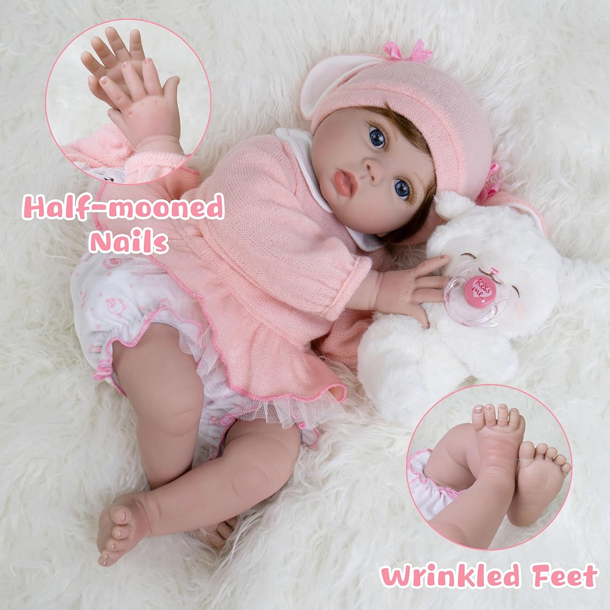 EKOKIZ Realistic Reborn Baby Doll Girl 22 Inch Newborn Doll with Hand-painted Details Cloth Body Baby Doll with Toy Accessories Gift Set Ages 3+ Cute Fake Baby Doll