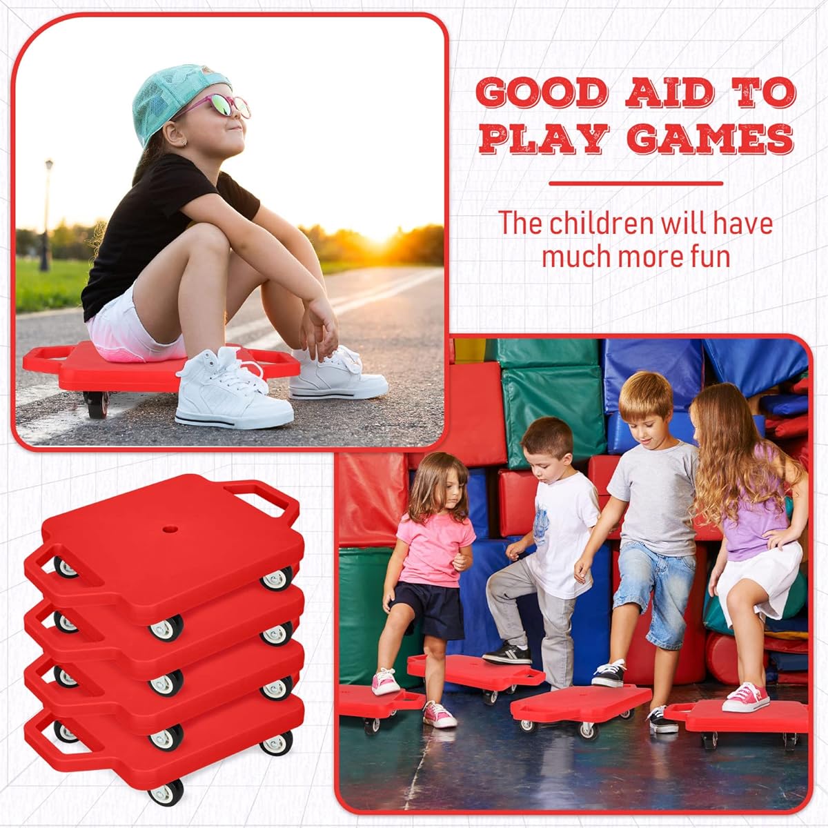 4 Pieces Sports Scooter Board with Handles Plastic Casters Floor Scooter Board Sit On Scooter Board for Kids Gym Indoor Outdoor Activity Playground Equipment