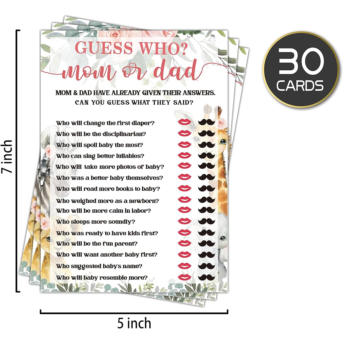 Guess Who? Mom or Dad Baby Shower Game, Gender Reveal Party Supplies, Jungle Animal Safari Floral Green Party Decorations, - 30 Game Cards (bb002-yx06)