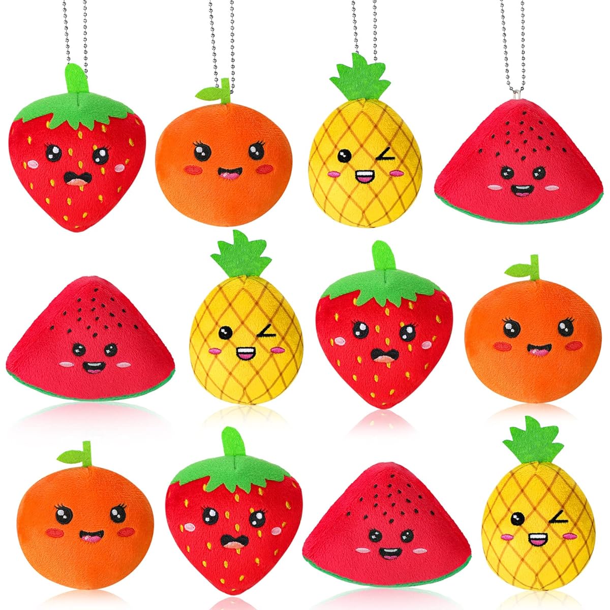 Woanger 12 Pieces Cute Fruit Stuffed Animals, 3.2" Strawberry Orange Pineapple Watermelon Plush Soft Plush Fruit Ornaments for Keychain/Backpack/Pendant/Birthday Party Favors