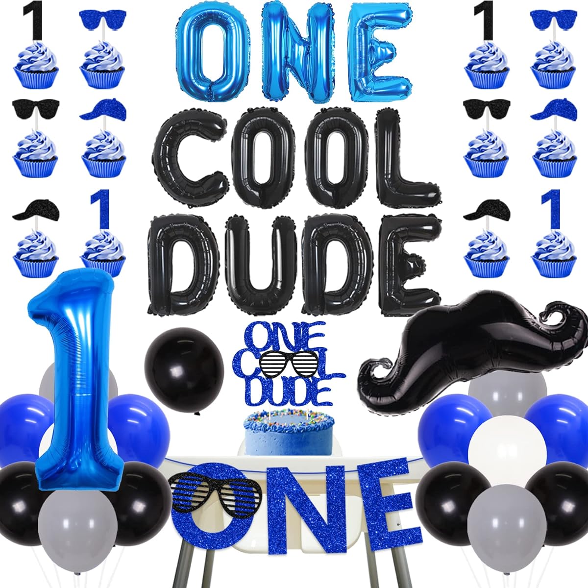 Cool Dude Birthday Decorations, Cool Dude Balloon Cake Topper, 1 Highchair Banner for Baby Boys, 1st Birthday Decorations, Party Supplies
