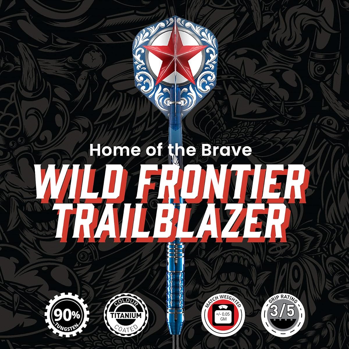 shot! Darts Wild Frontier Trail Blazer Steel Tip Dart Set Center Weight 90% Tungsten Barrel