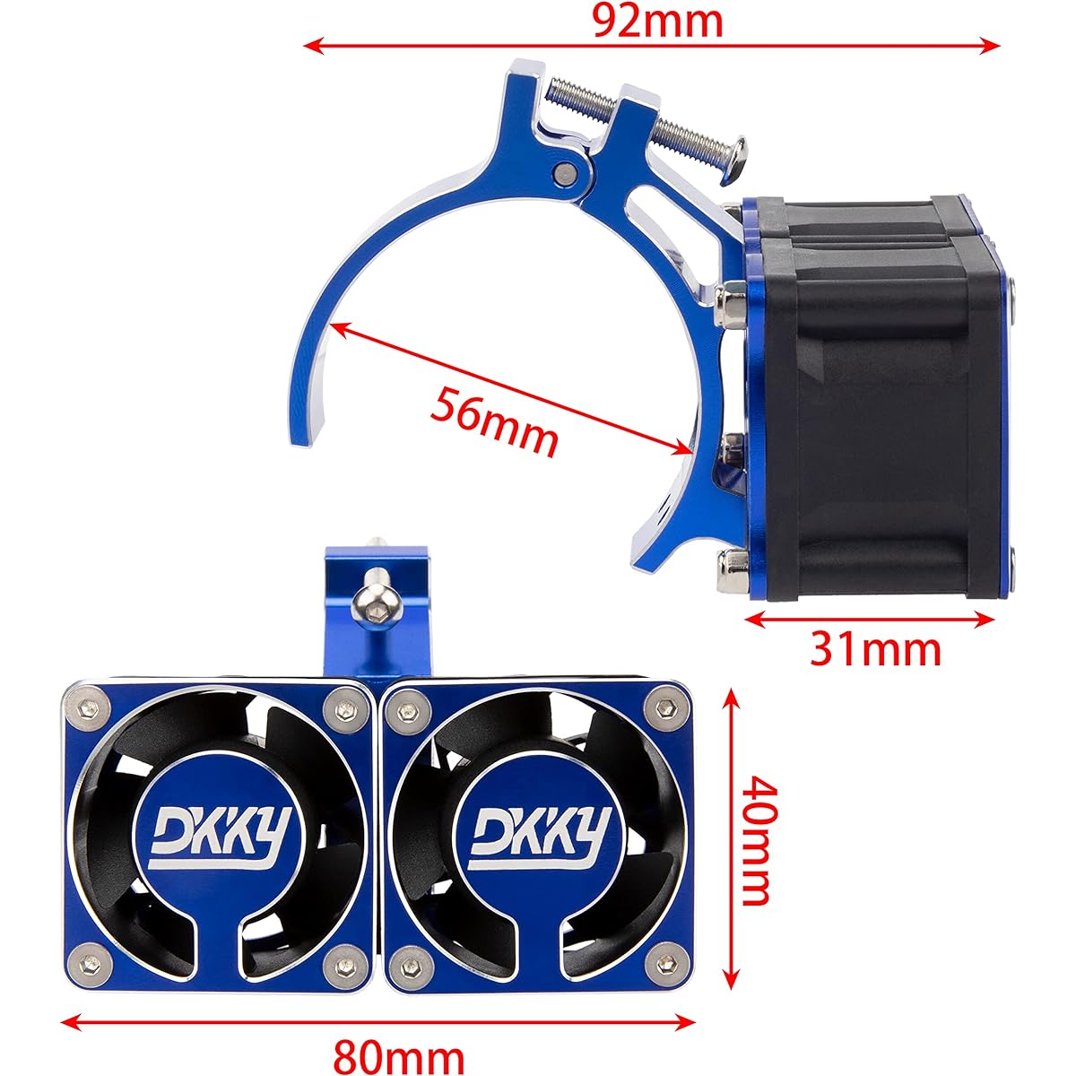 DKKY 1/5 1/6 1/7 RC Model Car 56mm Brushed Brushless Motor Heatsink 4028 High Speed Cooling Fan Dual Fan with Motor Mount Adjustable for 54-58mm 12V ARRMA Axial 1717 5687 56113 2028 Motor (Blue)