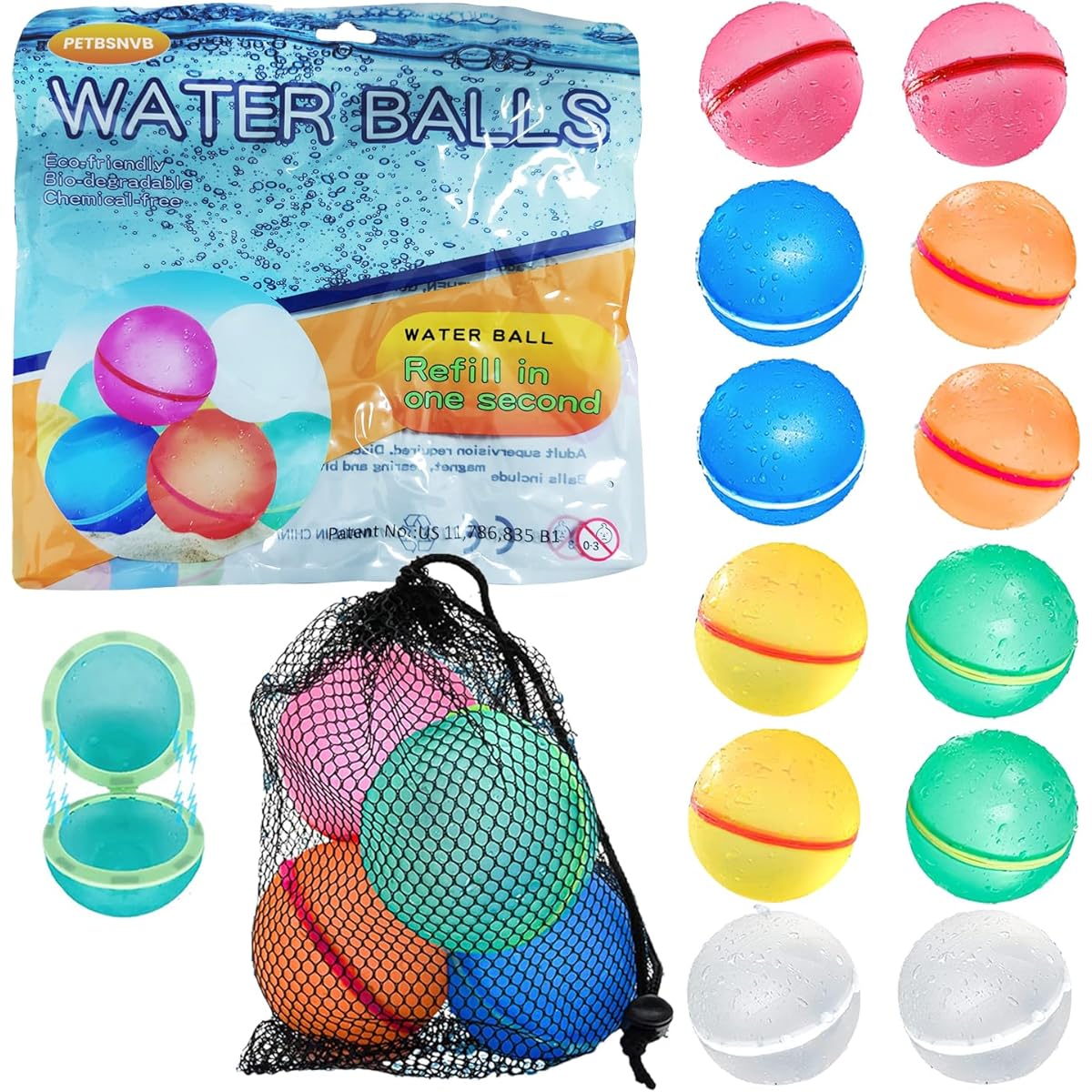 PETBSNVB 12 Pack Reusable Water Balloons with Magnet and Mesh Bag, Refillable, Self-Sealing, Easy to Fill with Water, Happy Splash Bombs Water Balls for Kids Adults Outdoor Activities Games Toys