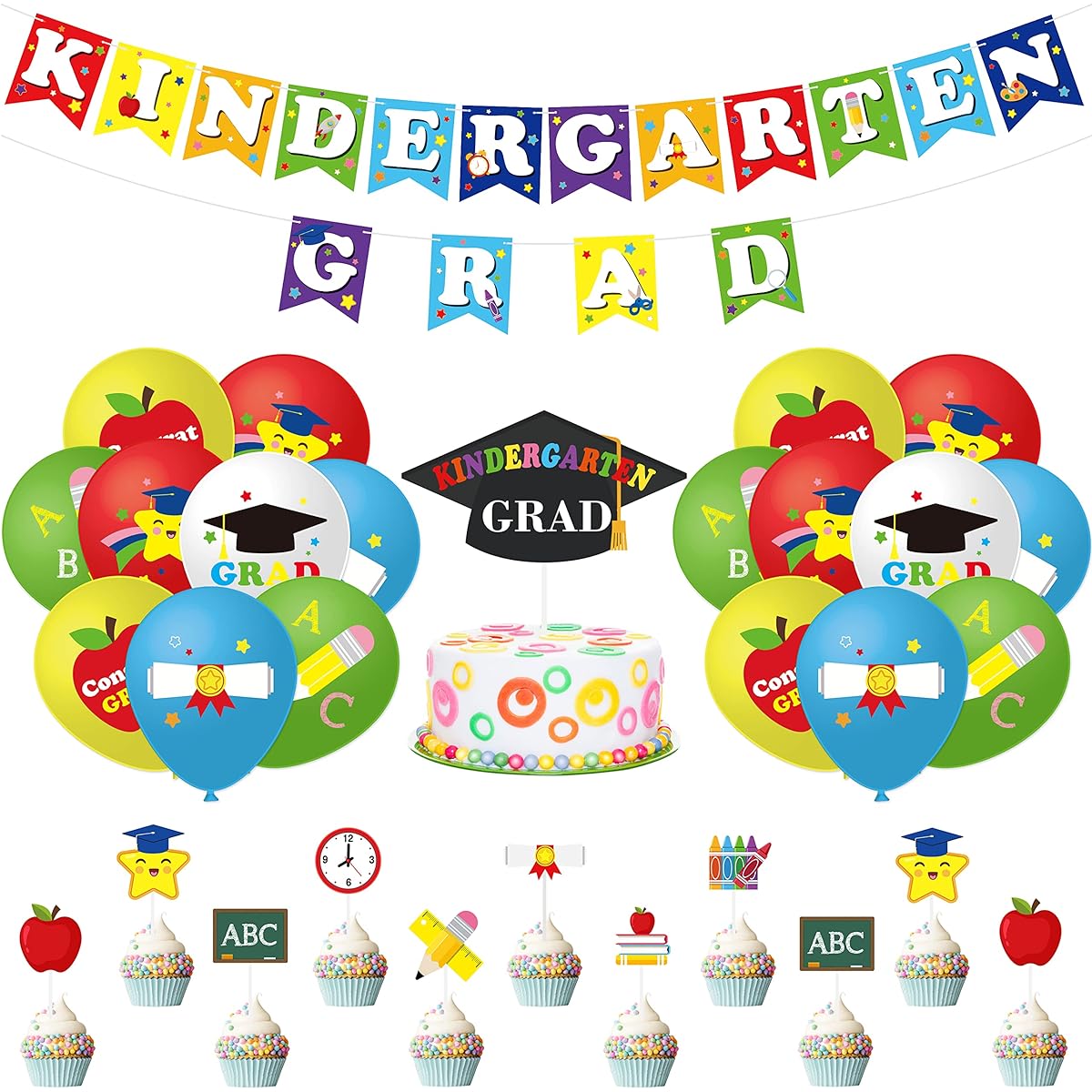 WATINC 51pcs Kindergarten Graduation Party Decorations, Congratulations on Preschool Graduation Gifts, Graduation Celebration Balloons Cake Toppers for Nursery Celebration Party Classroom Decorations